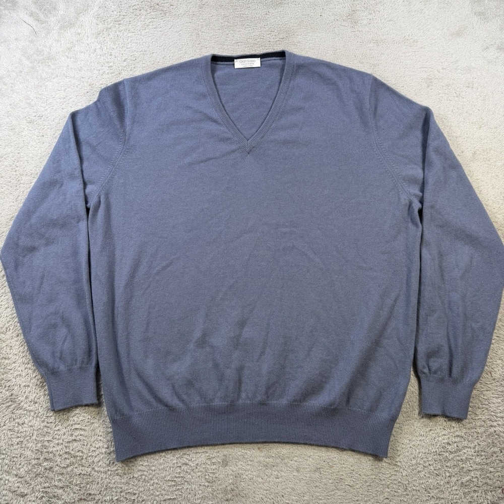 Gran Sasso Sweater Mens XL Blue 100% Cashmere V-Neck Pullover Soft Made in Italy
